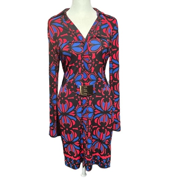 Cache Dresses & Skirts - Vintage 80s Cache Red Blue Black Floral Belted Long Sleeve Dress Womens Size S